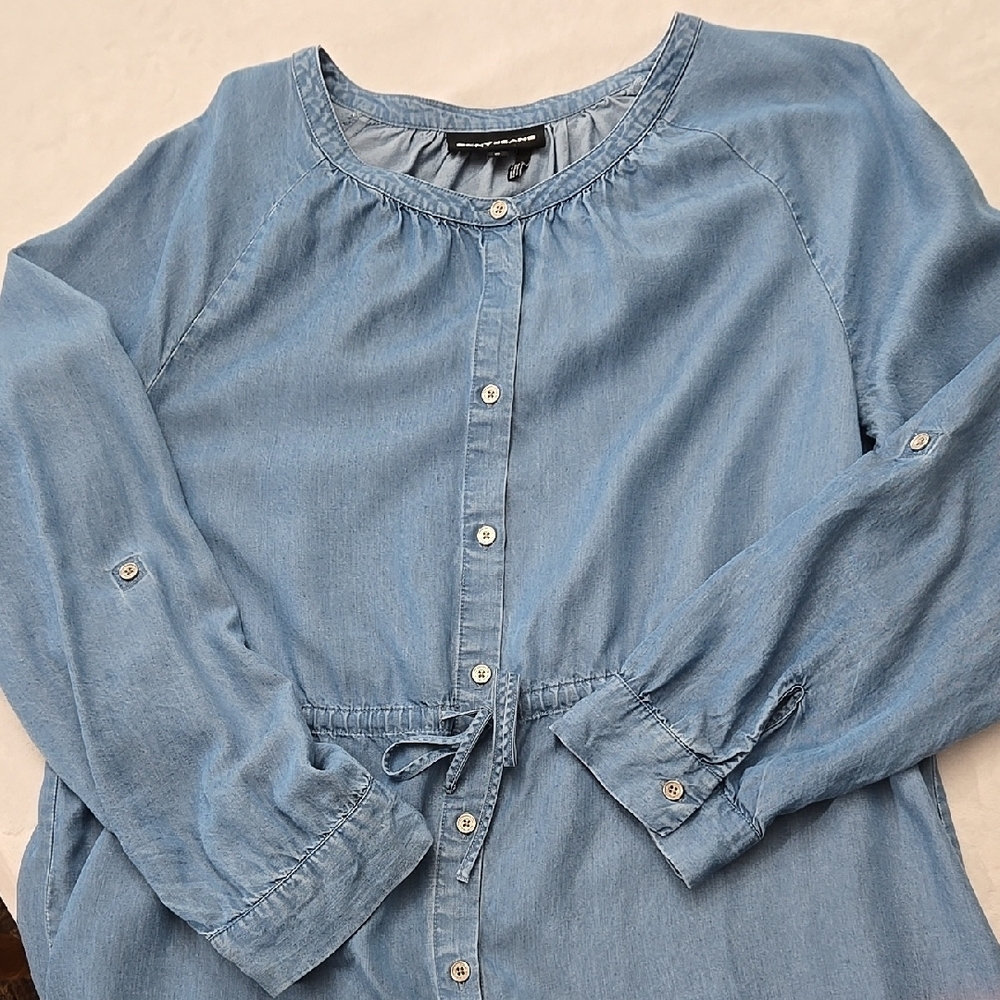 DKNY 100% Lyocell‎ Dress, Blue Button Front with Drawstring Waist. Size XL
